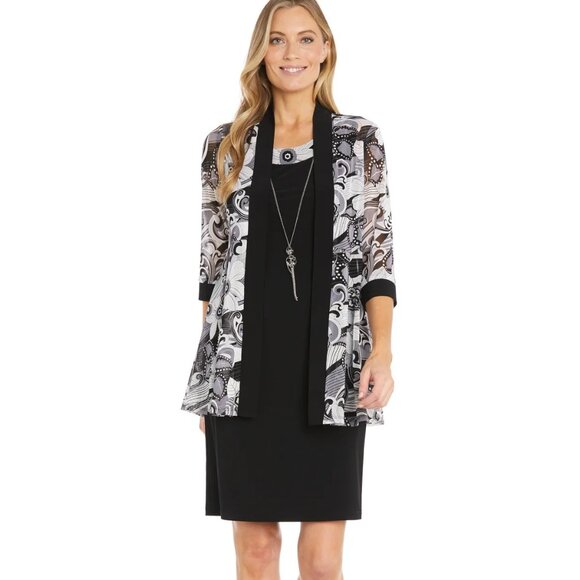 R & M Richards Women's 2-Pc. Jacket & Necklace Dress Set Black/Grey Size 8P - Picture 1 of 5